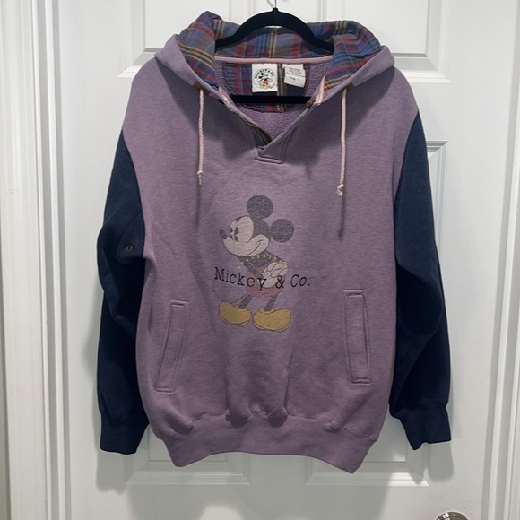 Disney Tops - Vintage Mickey Mouse Hoodie Plaid Purple Navy VTG Colorblock Disney